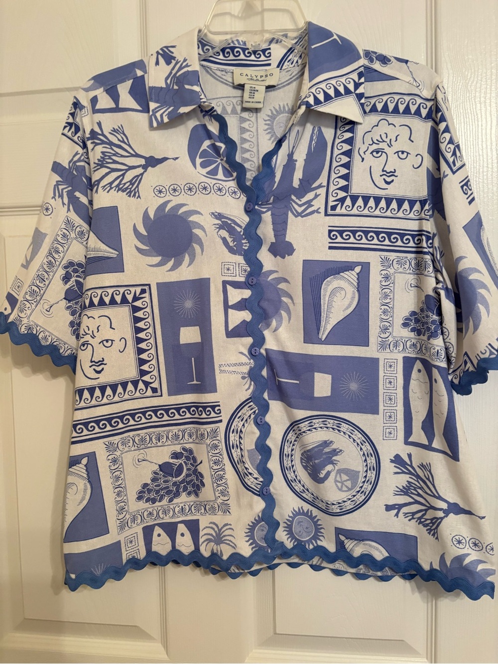 Summery Linen Blend Button Down Top in Beautiful Blue and White - Picture 2 of 11